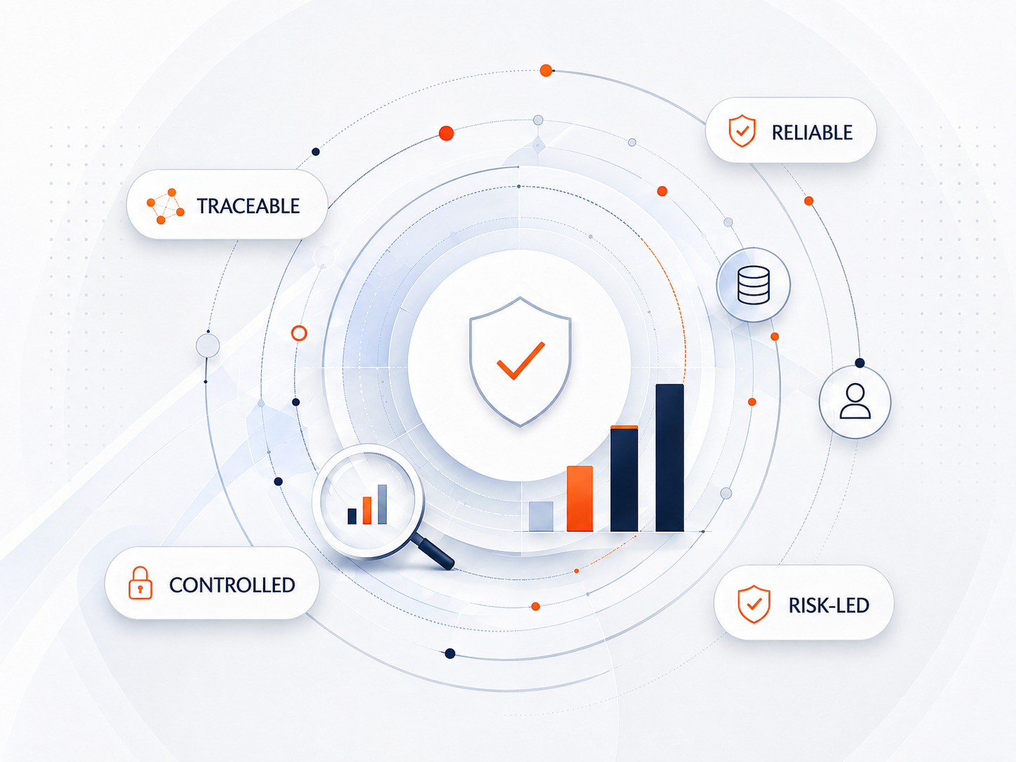 Data governance assurance visual showing traceable, reliable, controlled, and risk-led controls