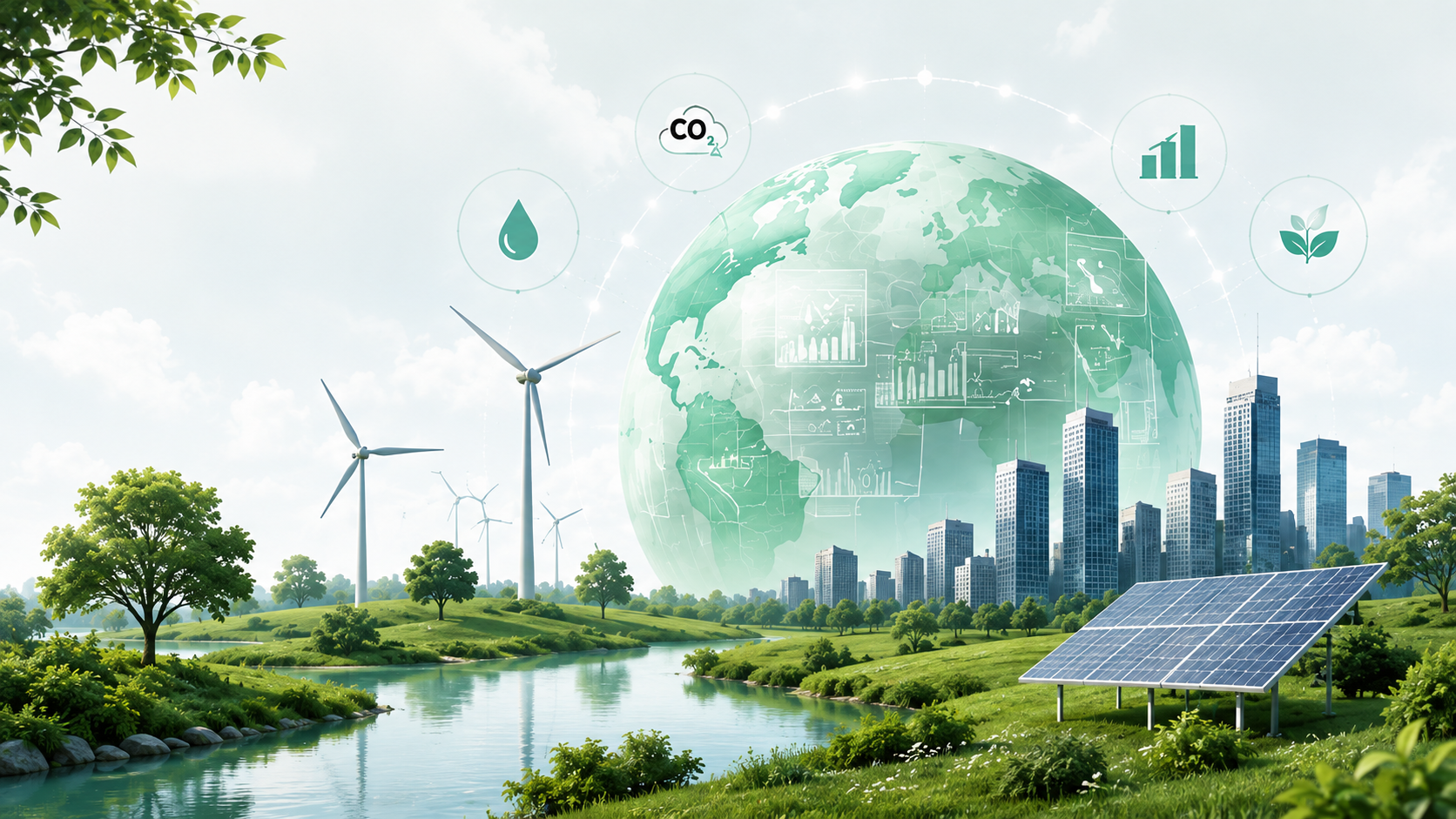 Sustainability landscape with renewable energy, city, data indicators and globe
